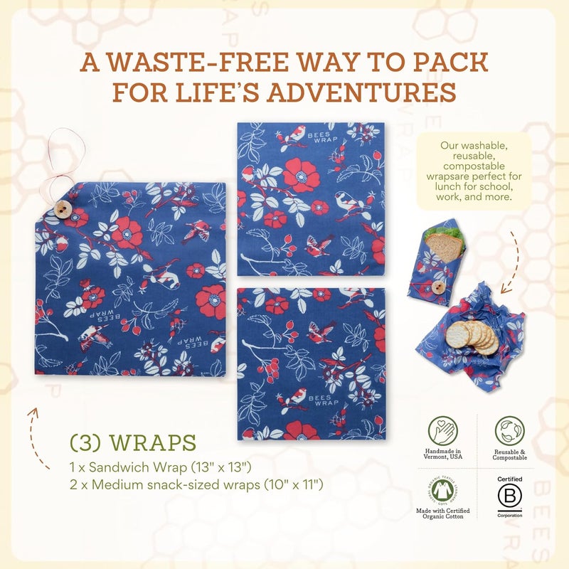 Bee's Wrap Beeswax Wraps for Food - Botanical 3 Pack (2M 1 Sandwich) Made in USA Reusable & Organic Food Wraps, Sandwich Wrap - Eco-Friendly Alternative to Aluminum Foil & Plastic Wrap - Image 4
